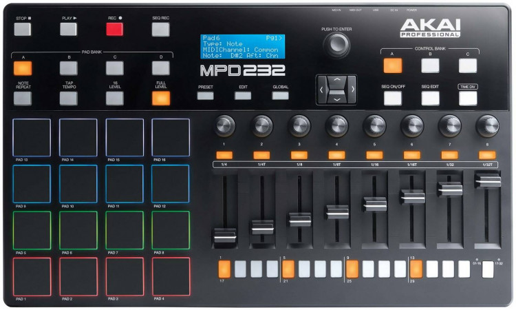 AKAI PRO MPD232, MIDI/USB-контроллер, 16 пэдов с цветной подсветкой, 8 фейдеров, 8 ручек